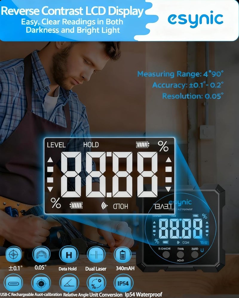 eSynic Digital Angle Finder with Laser USB-C Rechargeable Digital Inclinometer Level IP54 Waterpoof 4 Sides Magnetic Angle Gauge-Auto Off Backlight LCD Display for Construction (Laser Level: Class II) - Image 3